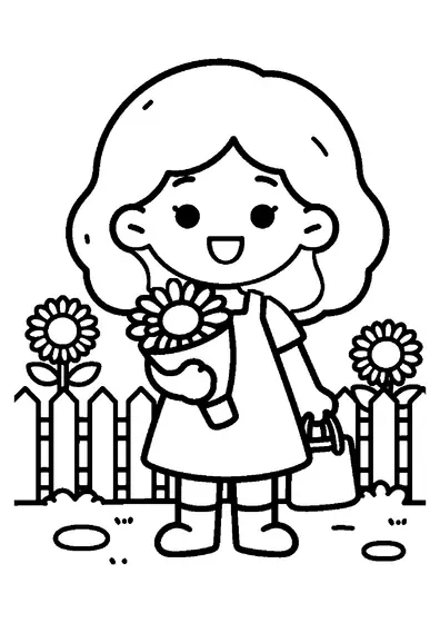 O fată care ține un buchet de flori stă într-o grădină din spatele casei.