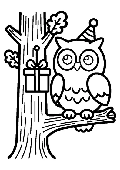 Une chouette coiffée d’un adorable chapeau d’anniversaire est assise sur une grosse branche, devant le creux d’un arbre.