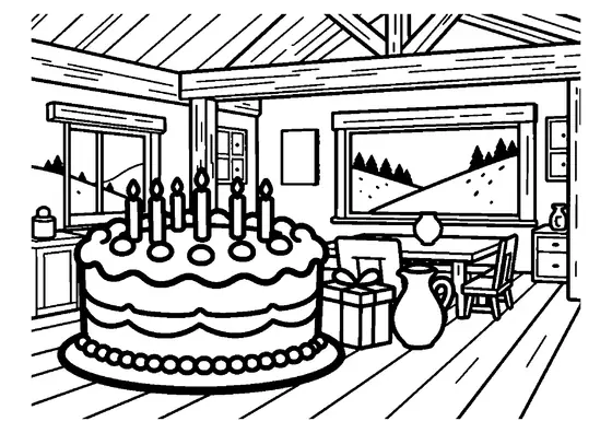Eine Geburtstagstorte und ein Geschenk stehen in einem hölzernen Esszimmer mit Blick auf verschneite Fichten.