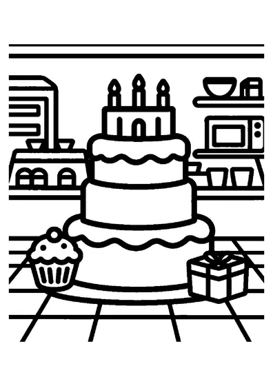 A large cake with candles on a bakery counter beside a cupcake and a gift box.