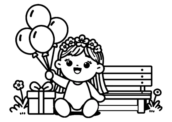 Una niña alegre con una corona de flores sostiene globos en un prado boscoso lleno de flores.
