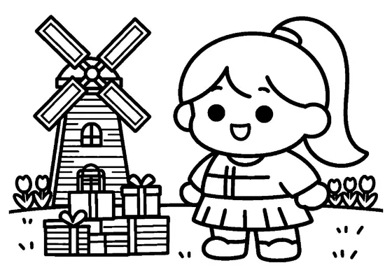Una niña con gorro de cumpleaños sostiene un regalo delante de un molino de viento tradicional holandés.