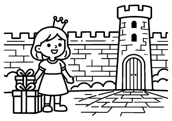 O fată zâmbitoare stă lângă un cadou împachetat, în curtea unui castel vechi.