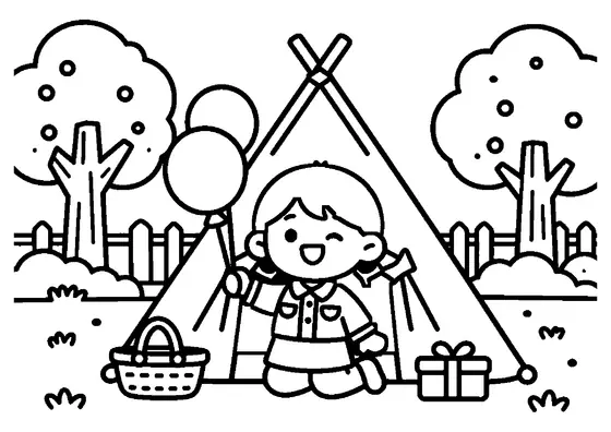 Una niña sentada a la entrada de un tipi en el jardín con un globo y regalos.