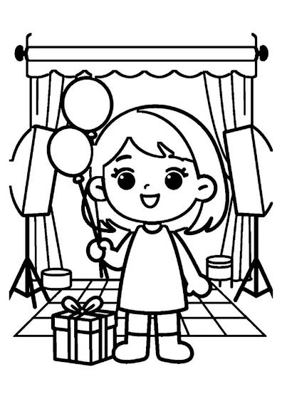 Ein Mädchen mit Geschenk und Luftballons posiert in einem Fotostudio.