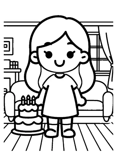 A smiling girl standing beside a large birthday cake and a present in a family living room.