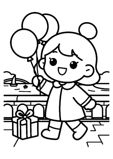 Una niña camina con globos de cumpleaños por un puente de piedra ornamentado, con un regalo, el río y veleros al fondo.