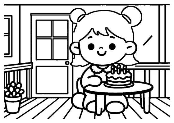 Una niña está sentada ante una mesa de cumpleaños en el porche de madera de una casa rural.