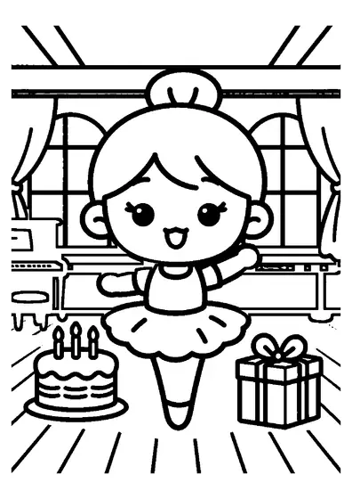 A dancing girl with a birthday cake and present in a wintry ballet studio.