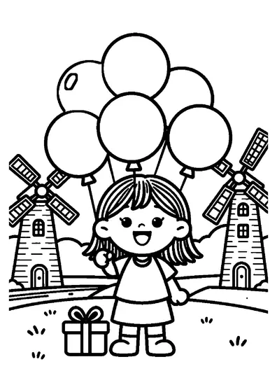 Una niña con gorro de fiesta sostiene globos en un prado verde con molinos de viento neerlandeses.