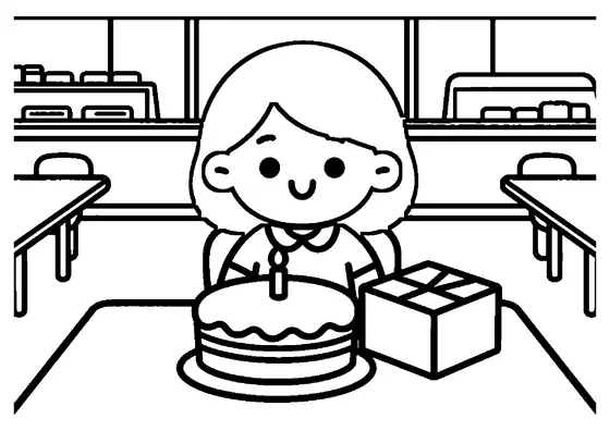 A smiling student sitting beside a birthday cake and a large box in the school cafeteria.