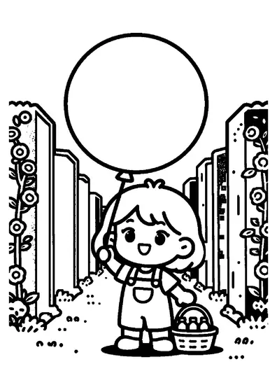 Una niña con un globo de cumpleaños está en el centro de un frondoso laberinto de jardín.