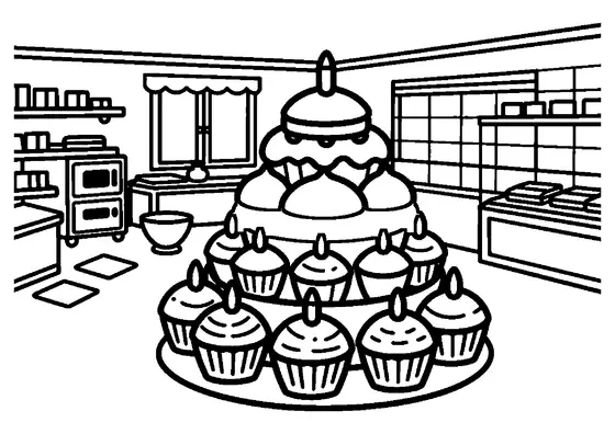 Ein großer Turm aus Geburtstags-Cupcakes steht mit einer Schüssel und einem Tablett in einer Bäckerei.