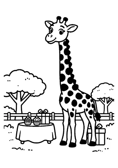 O girafă prietenoasă lângă o masă aniversară cu brioșe, într-un parc safari.