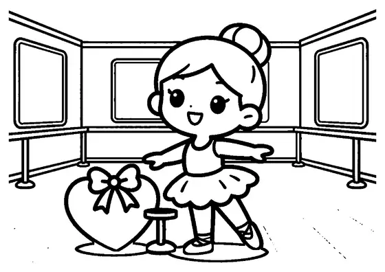 Eine Ballerina steht in einem Tanzsaal neben einer großen herzförmigen Schachtel.