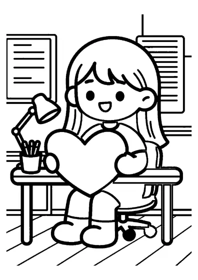 Una niña con flequillo pinta un gran corazón en una tarjeta sentada ante un escritorio en su habitación.