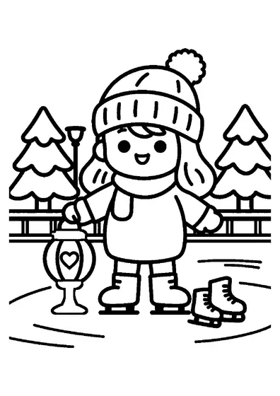 Uma menina com um gorro de lã a segurar um candeeiro em forma de coração numa pista de gelo.