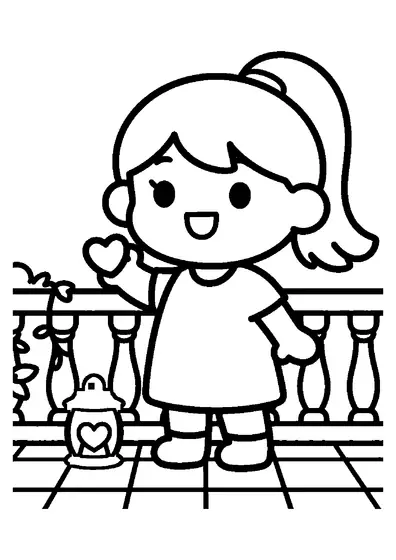 Una niña con coleta sosteniendo un farol de San Valentín en un patio decorado con hiedra.