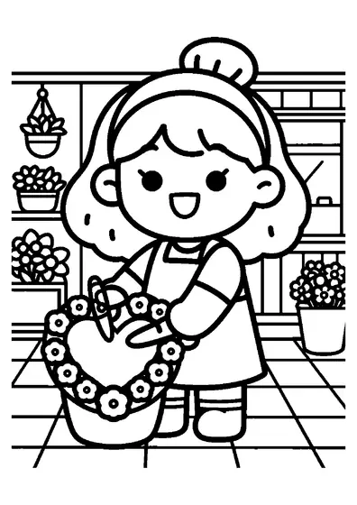 Una niña de pelo rizado prepara una corona floral con forma de corazón en la mesa de una floristería.