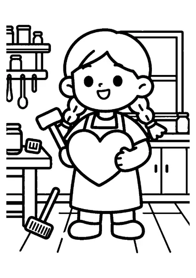 Una bambina in salopette tiene un cuore di legno accanto al banco da lavoro, in un laboratorio con scaffali e attrezzi.