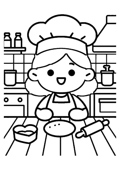 Una niña con gorro de cocinera mezcla masa en un bol junto a un molde con forma de corazón en la cocina.