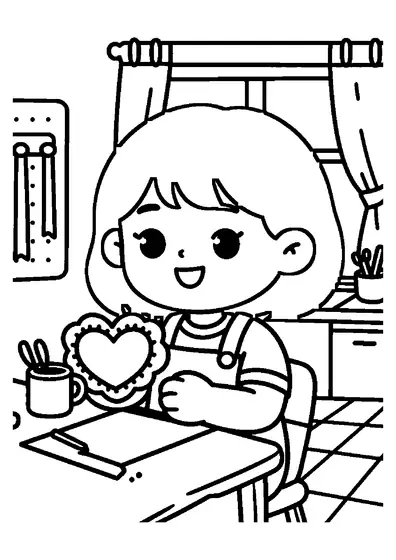 Dívka s krátkým bobem tvoří valentýnský věnec v ateliéru. V pozadí je vidět regál s mašlemi.