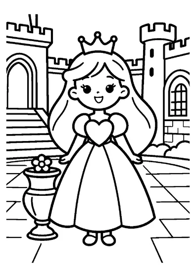 Eine lächelnde Prinzessin steht mit einer großen herzförmigen Schatulle im Schlosshof.