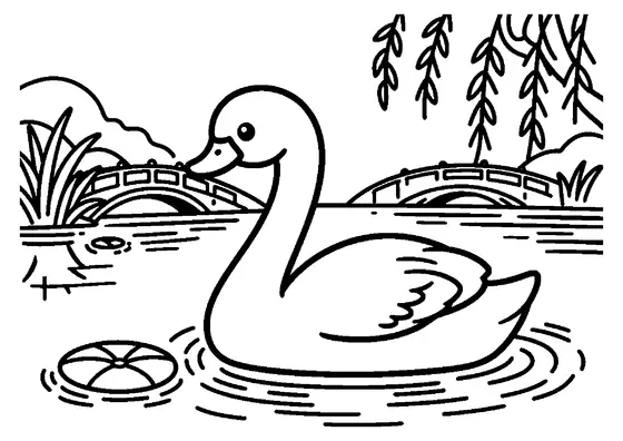 Un elegante cisne se desplaza por un estanque tranquilo junto a una isla flotante con forma de corazón, juncos y nenúfares.