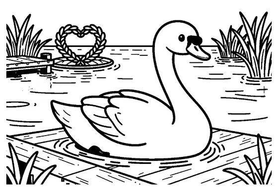 Ein Schwan schwimmt an einem Steg neben einem großen, aus Schilf geflochtenen Herzen.