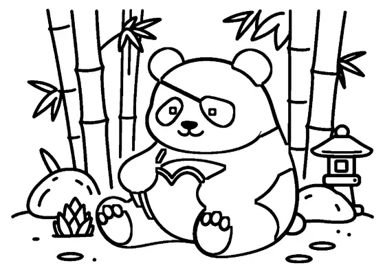 Un panda gigante sentado en el suelo junto a una estructura de bambú con forma de corazón y brotes frescos.
