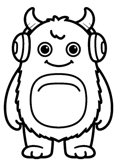 Un monstruo peludo y sonriente, con orejeras grandes y cuernos pequeños, forma un dibujo sencillo con amplios espacios para colorear.
