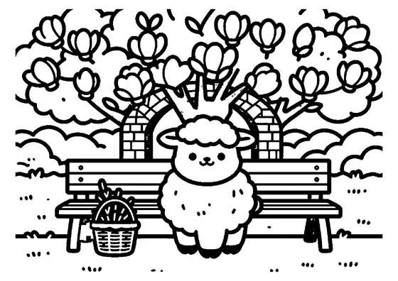Ett litet lamm står under ett stort blommande magnolaträd på en parkstig.