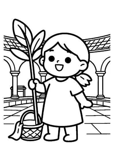 A girl holding a tall Palm Sunday arrangement stands in an arched monastery cloister.