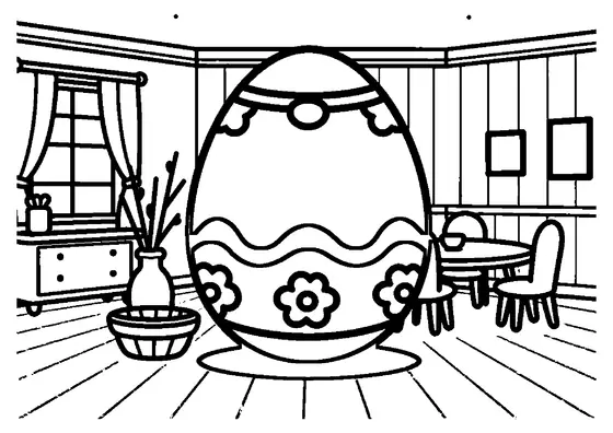 A large patterned Easter egg stands at the center of a set table in a family dining room.