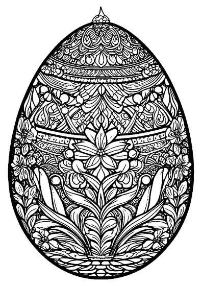 Um ovo Fabergé ricamente decorado, rodeado de lírios-do-vale e ornamentos florais com áreas limpas para colorir para adultos.