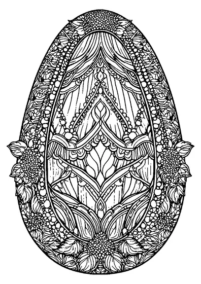 Um ovo de Páscoa ricamente decorado numa moldura oval de hortênsias e pérolas é uma coloração antistress densa com muitos pequenos campos para preencher.
