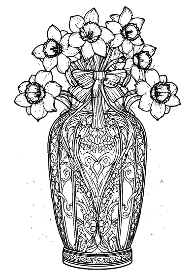 Vaso esculpido alto cheio de narcisos, decorado com um grande laço e detalhes em formato de coração.