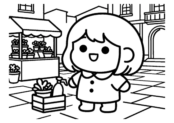 Una bambina con il cappotto osserva piccoli vasi di erbe aromatiche in un mercato di campagna.
