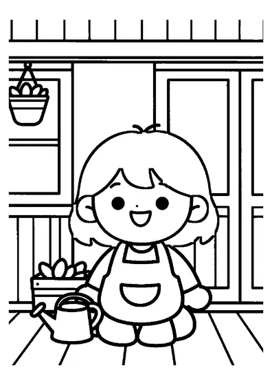 Una niña junto a una jardinera con hierbas aromáticas y una regadera en un porche de madera.