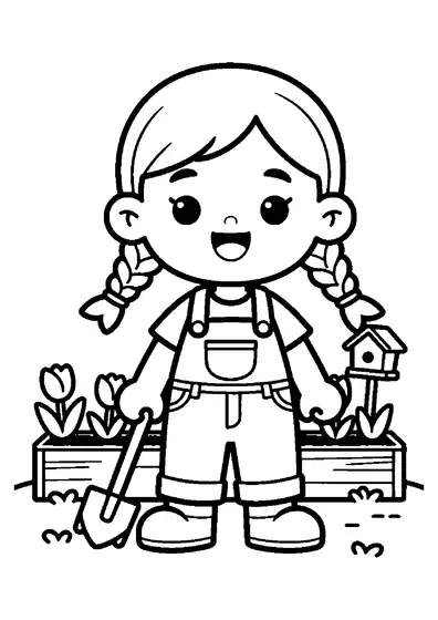Una niña con trenzas sostiene un rastrillo junto a un bancal de tulipanes y una casita para pájaros en un jardín primaveral.