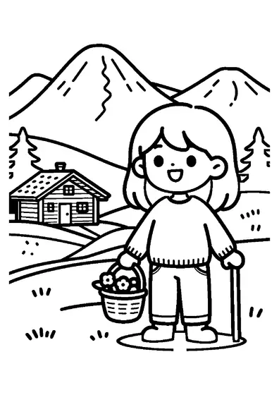 Una niña que lleva una cesta de flores con una cabaña de montaña y cumbres nevadas detrás.