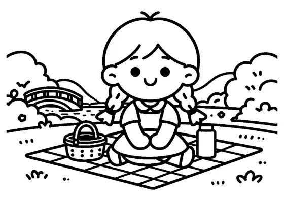 Una niña sentada sobre una manta de picnic junto a una pasarela de madera sobre un arroyo del bosque.