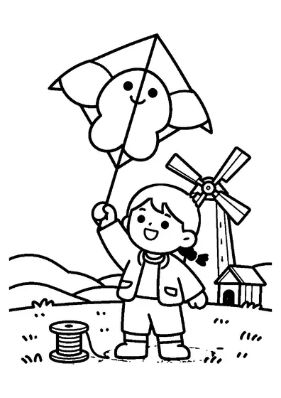 Una niña con una cometa con forma de mariposa junto a un molino de viento de madera en una colina.