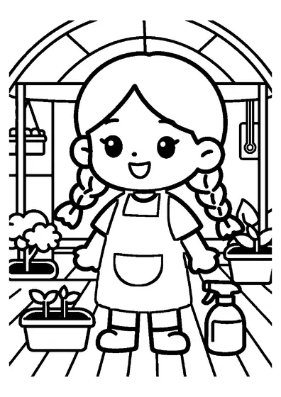 Una bambina con il grembiule regge un vassoio di piccole piantine di pomodoro all’interno di una serra.