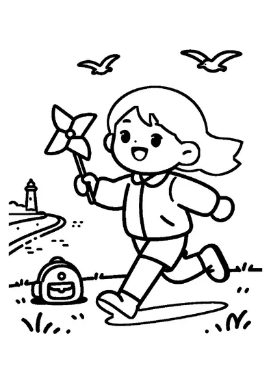 Una bambina corre con una girandola che ruota lungo un argine erboso accanto a un fiume.