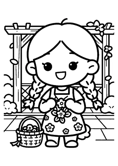 Una niña tejiendo narcisos amarillos para hacer una corona de flores junto a una pérgola de madera.