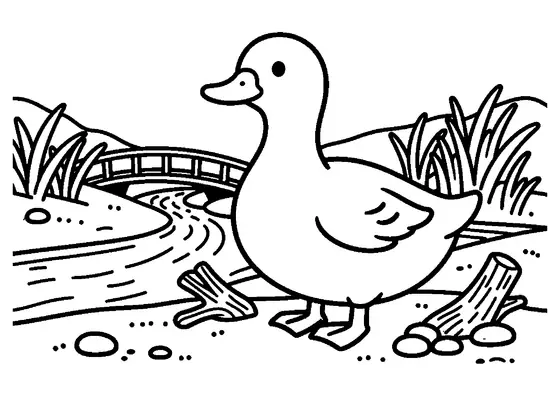 Un pato de pie sobre un tronco junto a la orilla de arena de un arroyo en el bosque.