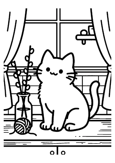 Un gatito junto a un ovillo de lana y un florero con ramas de sauce en el alféizar iluminado de la cocina.