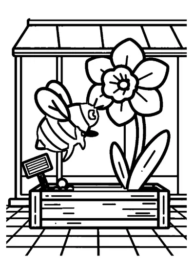 Una abeja volando sobre un narciso que crece en una jardinera de madera junto a un invernadero de cristal.