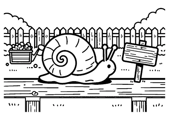 Un pequeño caracol con caparazón se desplaza por una valla de madera junto a unos bancales de hortalizas.